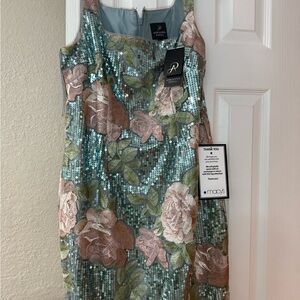 Adrianna Papell Sequin Floral Dress in Green and Pink